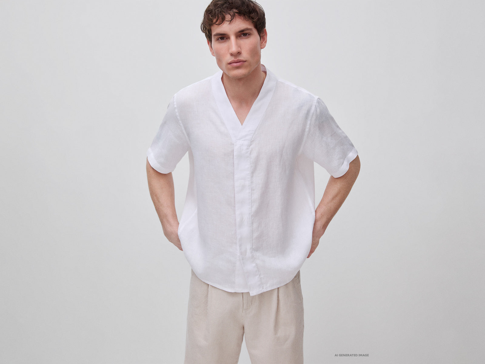 Camisa decote em V em linho puro - ucb_image_F