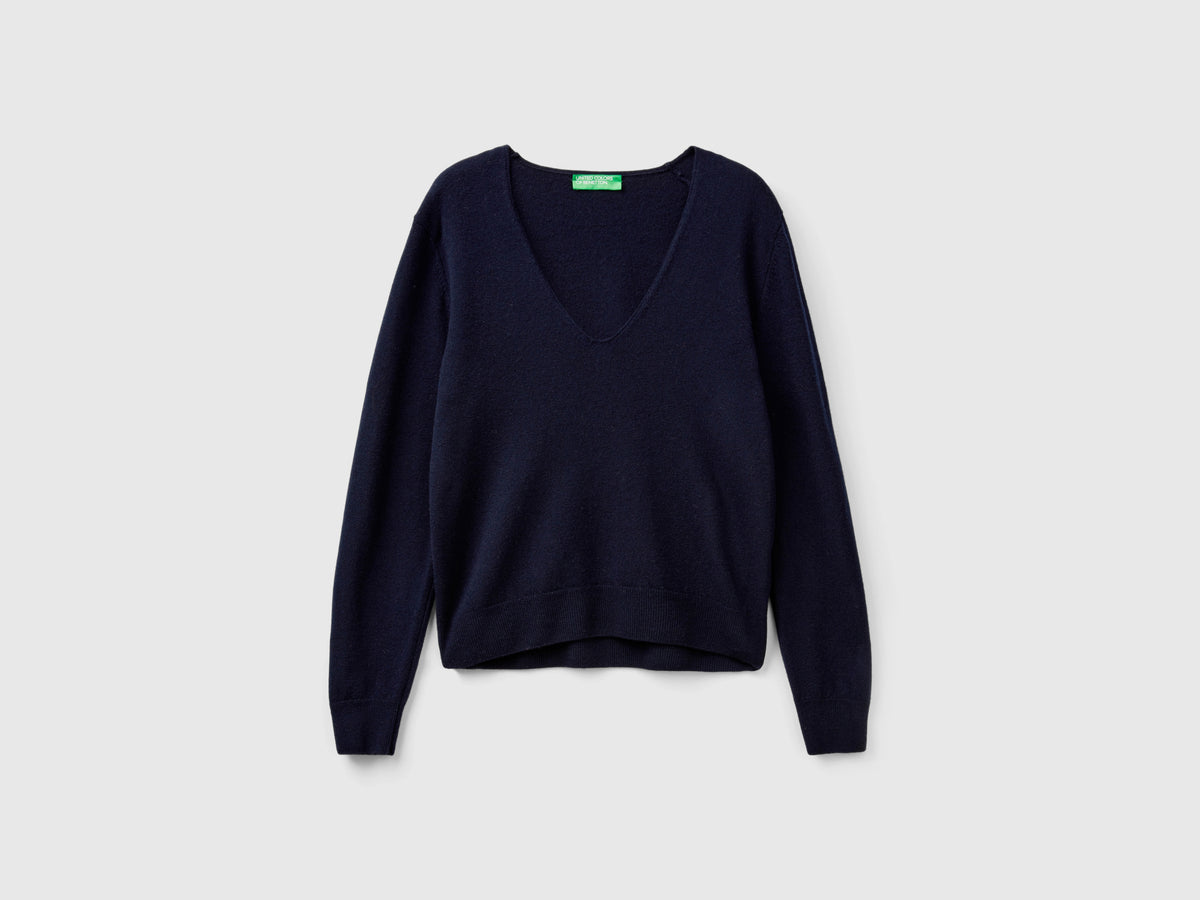 Camisola azul-escuro com decote em V em pura lã Merino - ucb_image_FS
