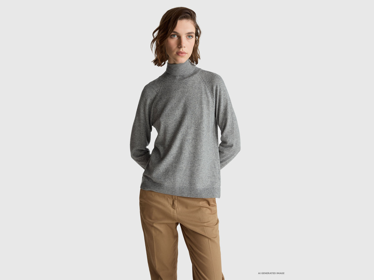 Camisola de gola alta cinza mélange em mistura de lã e caxemira. - ucb_image_F