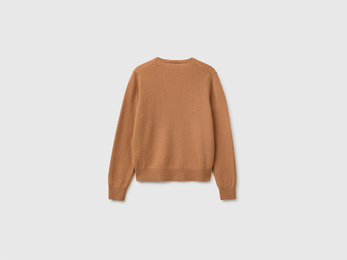 Camisola decote em V cor camel em pura lã Merino - ucb_image_BS