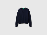 Camisola decote em V azul em pura lã Merino - ucb_image_FS