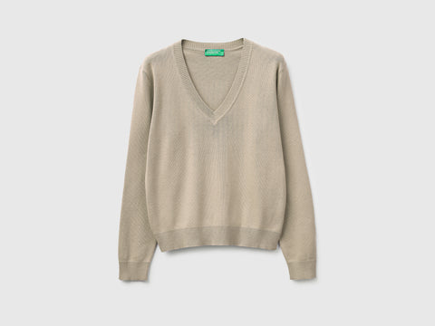 Beige V-neck sweater in tricot cotton - ucb_image_FS