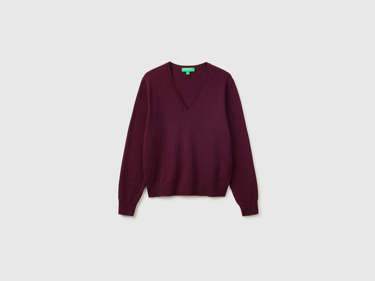 Camisola decote em V ameixa em pura lã Merino - ucb_image_FS