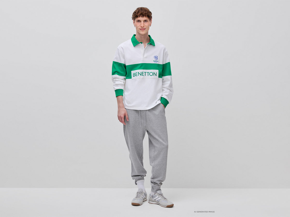 Polo branco e verde Benetton Rugby 100% algodão - ucb_image_B
