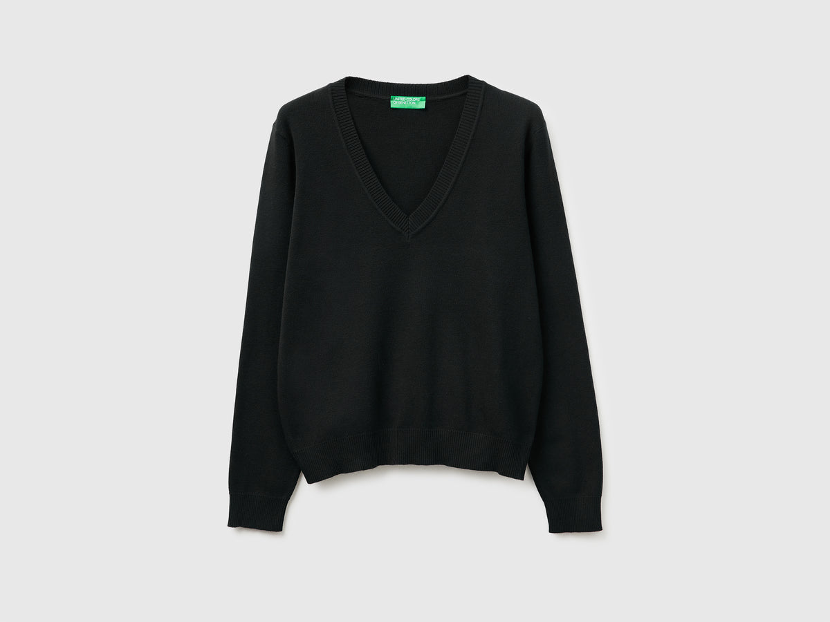 Black V-neck sweater in tricot cotton - ucb_image_FS