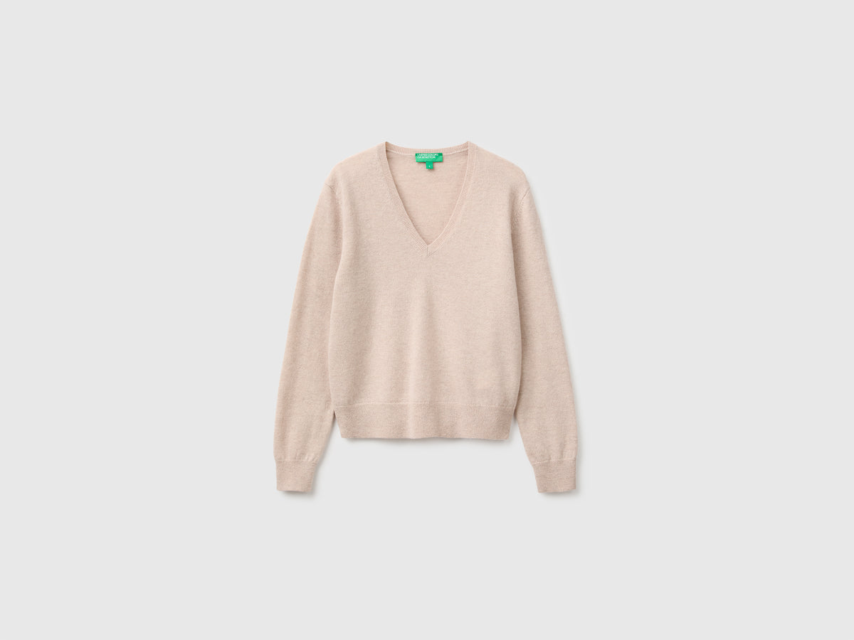 Camisola decote em V bege em pura lã Merino - ucb_image_FS