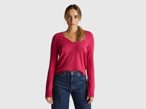 Camisola fúcsia com decote em V em pura lã Merino - ucb_image_F