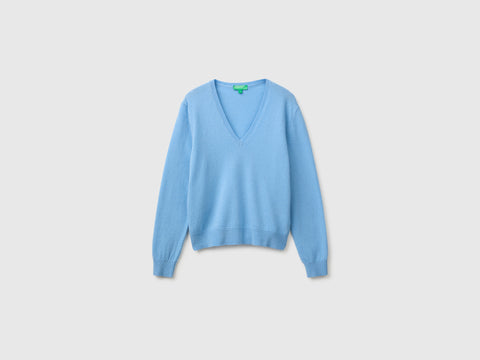 Camisola decote em V azul-claro em pura lã Merino - ucb_image_FS