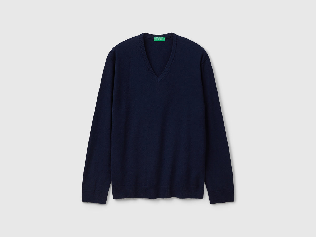 Camisola decote em V azul-escuro em pura lã Merino - ucb_image_FS