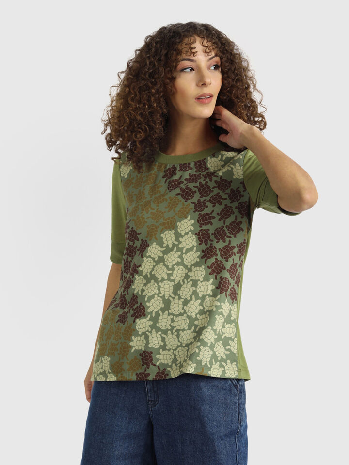 Short Sleeve Knit Woven Top Wt Turtle  Print