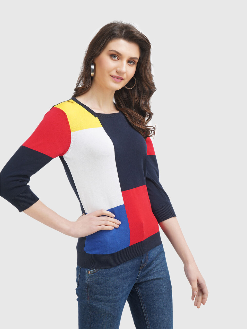 3/4th Half Sleeve Square Neck Color Block Tricot image number null