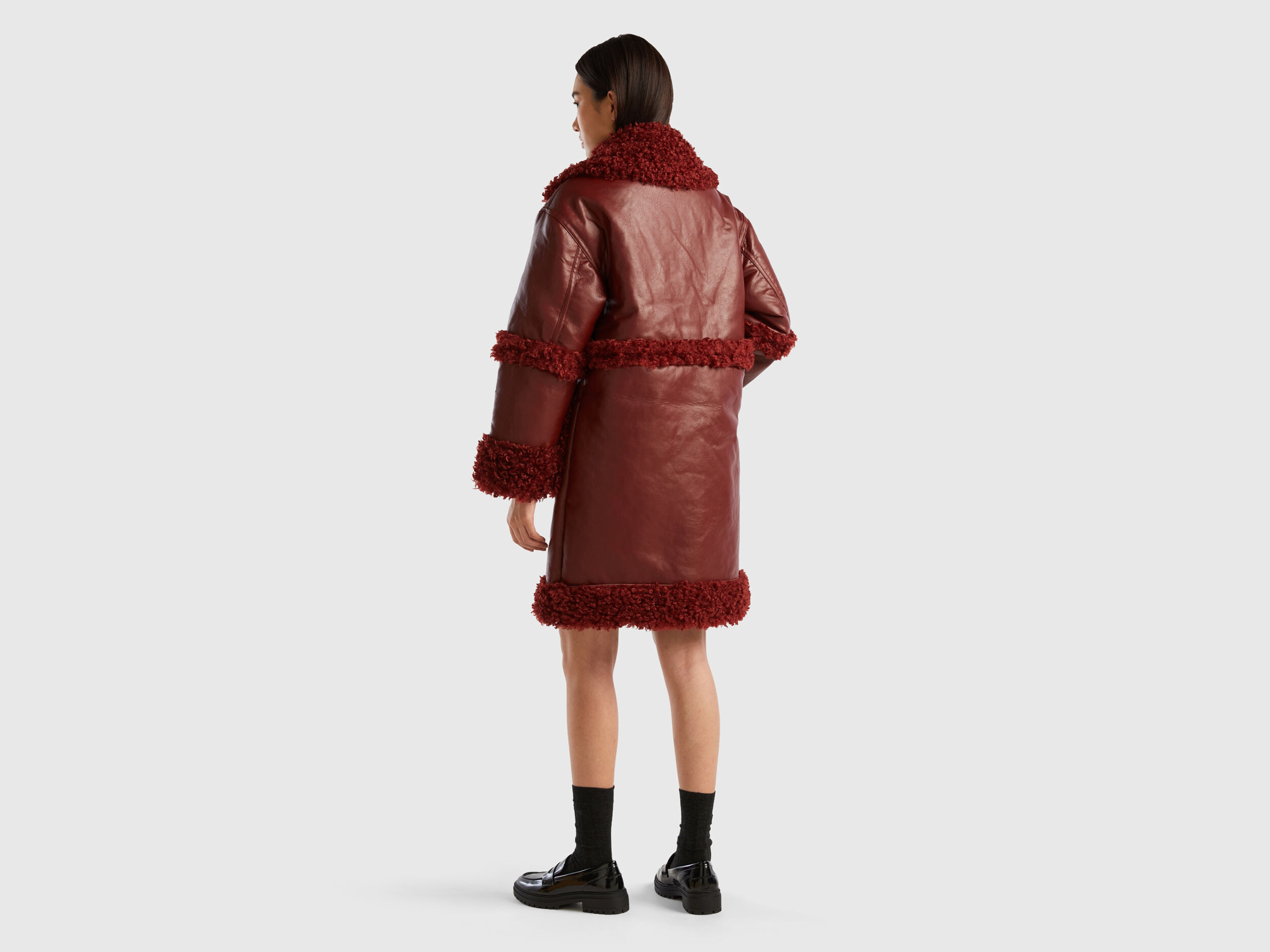 Coat in imitation leather with faux fur Burgundy Benetton