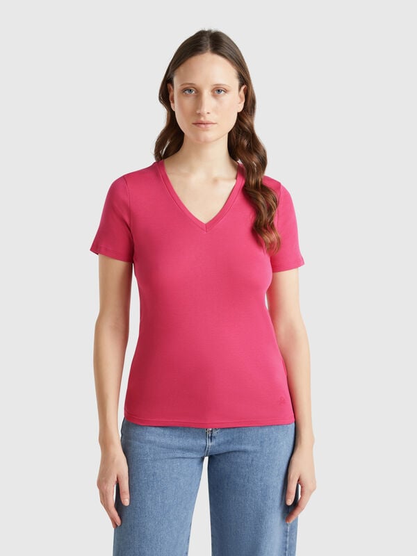 T-Shirt in Magenta aus reiner Baumwolle mit V-Ausschnitt Damen