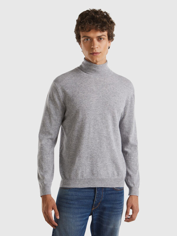 Grau melierter Rollkragenpullover aus reiner Merinowolle Herren