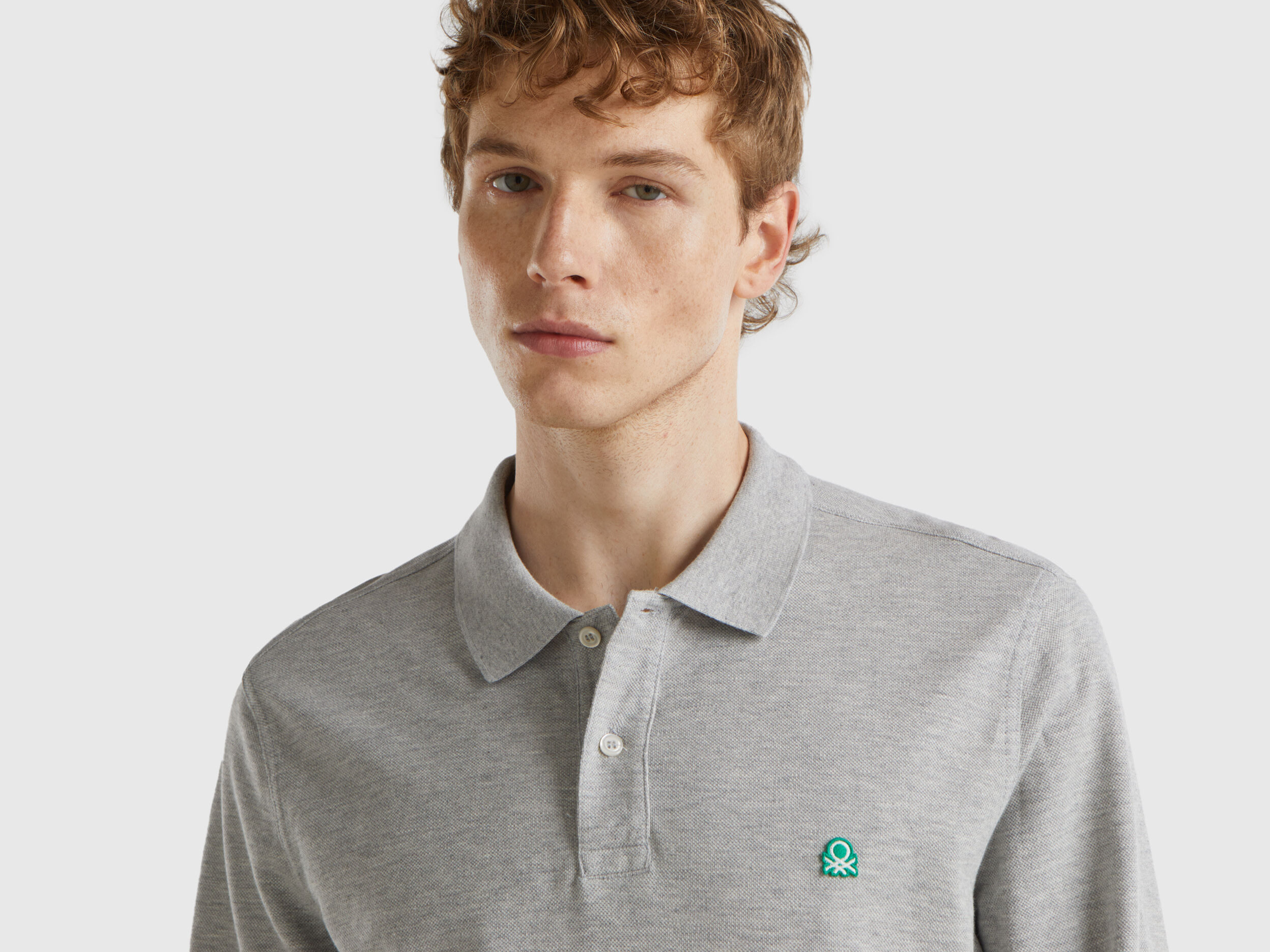Polo a manica lunga 100 cotone Grigio Chiaro Benetton