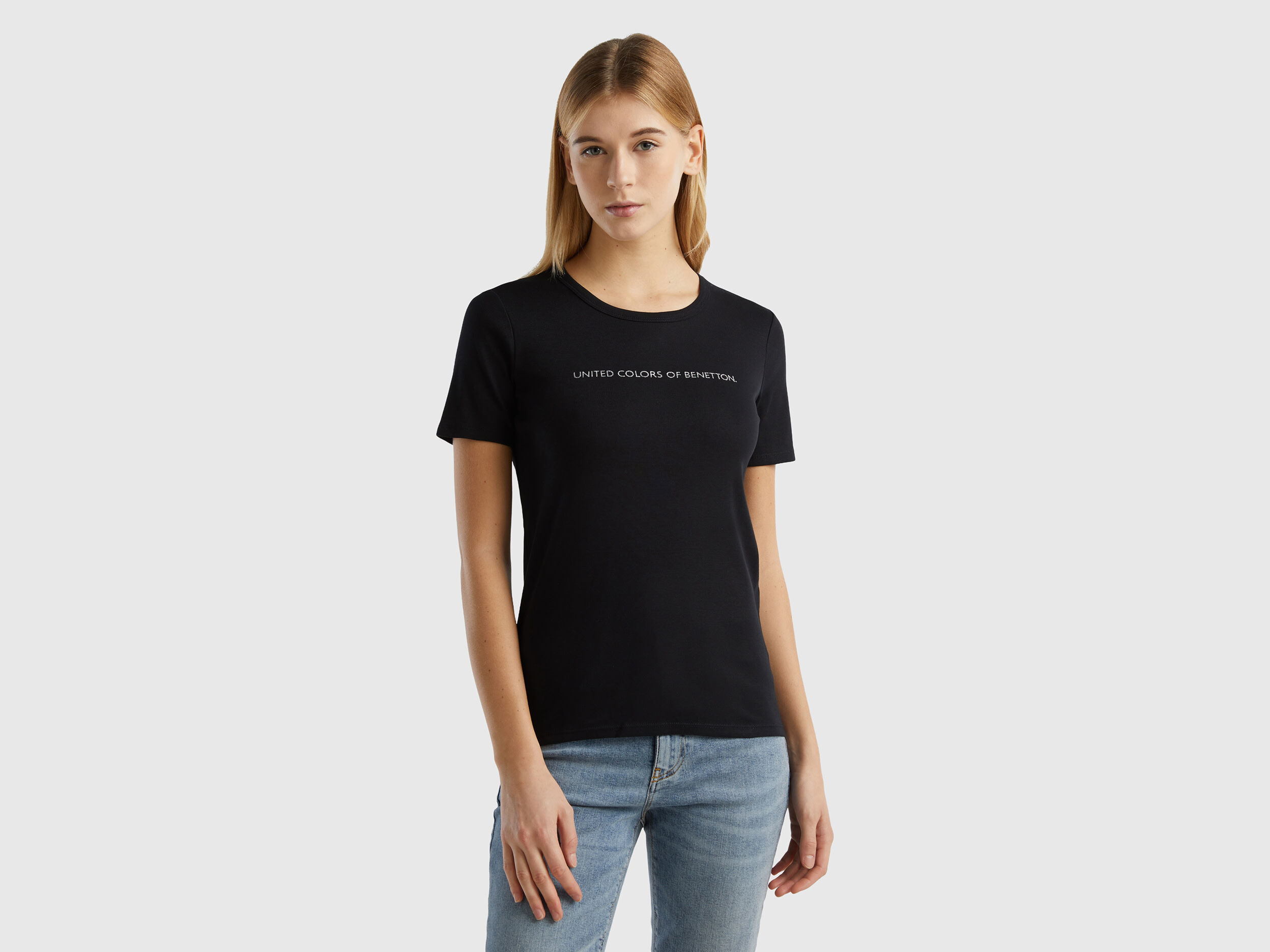 T shirt 100 cotone con stampa logo glitter Nero Benetton