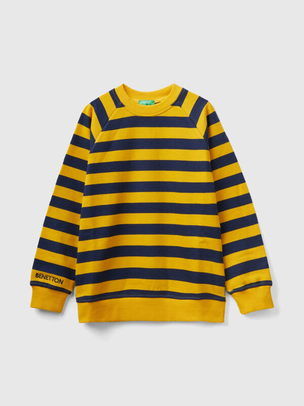 Yellow ochre and dark blue striped sweatshirt