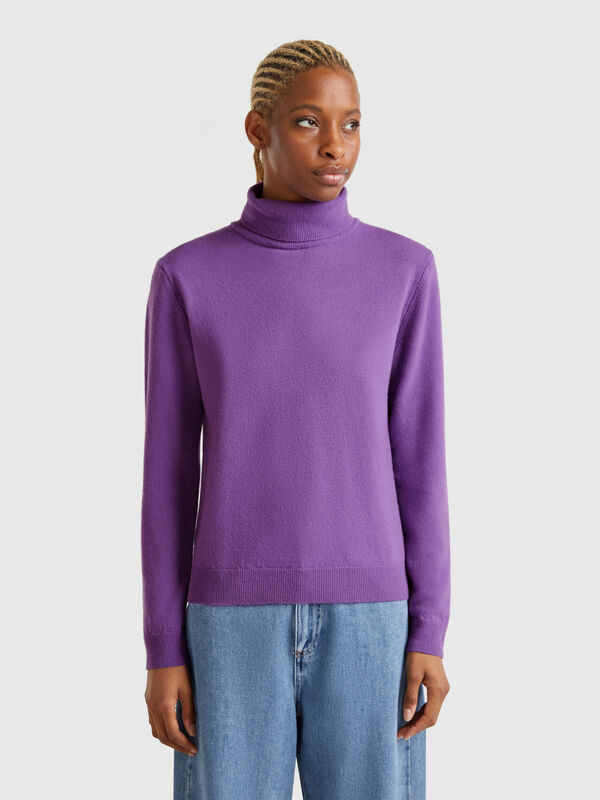 Maglione dolcevita viola in pura lana Merino Donna