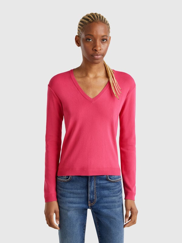 Pull en pur coton à col en V Femme