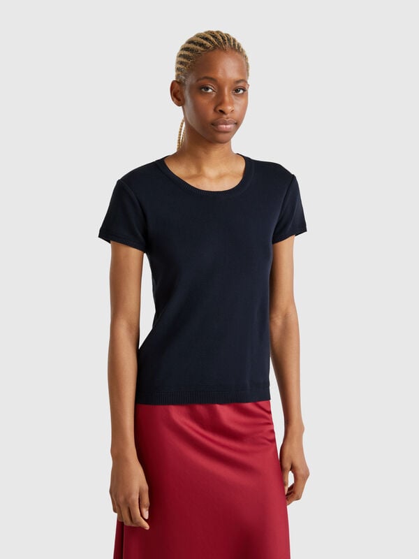 Pull bleu nuit à manches courtes Femme