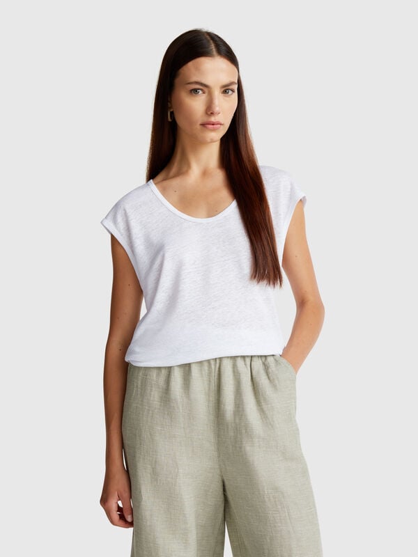 T-shirt col large en pur lin Femme