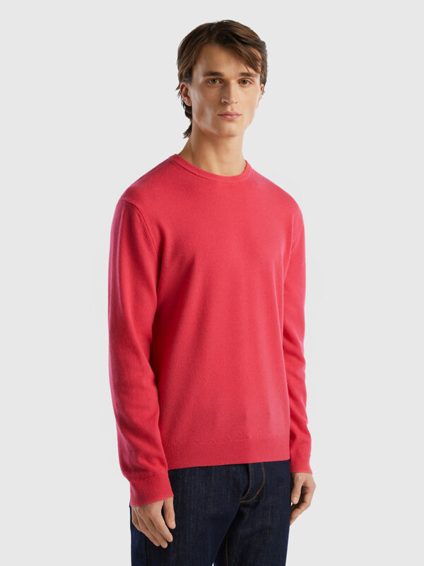 Fuchsia crew neck sweater in pure Merino wool Men