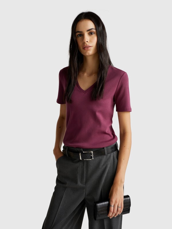 T-shirt col V en pur coton Femme
