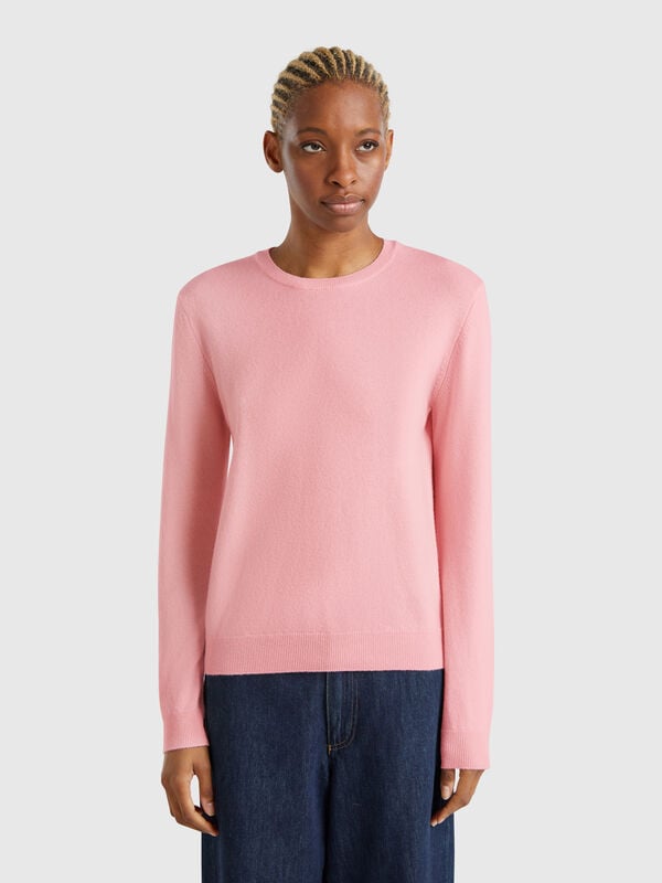 Pull rose poudré à col rond en laine mérinos Femme