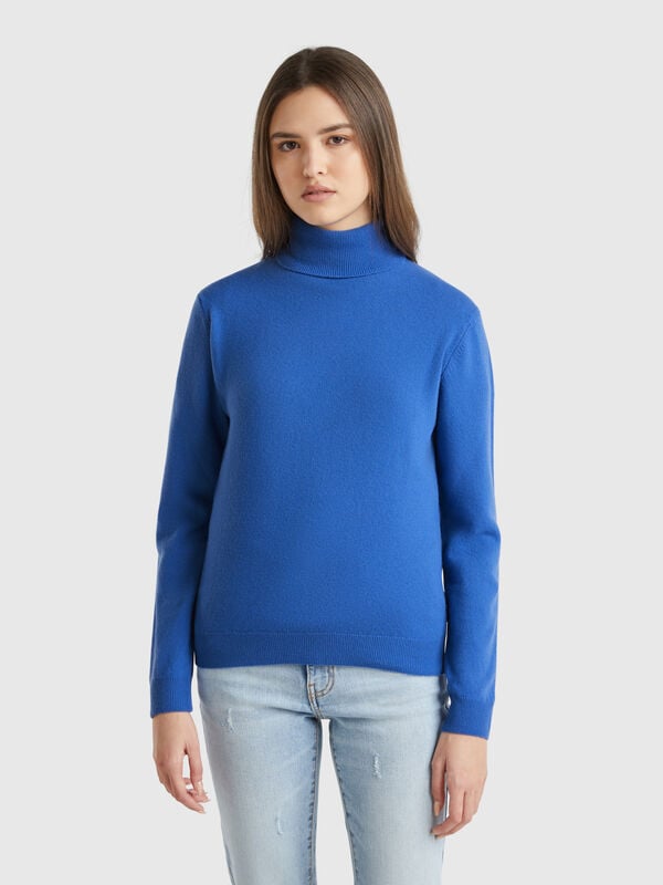Maglione dolcevita bluette in pura lana Merino Donna