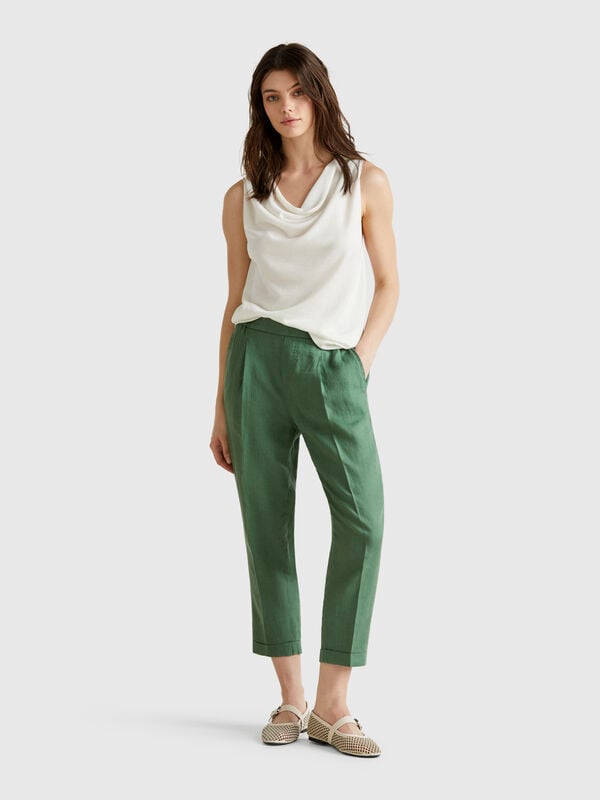 Pantaloni cropped in 100% lino Donna