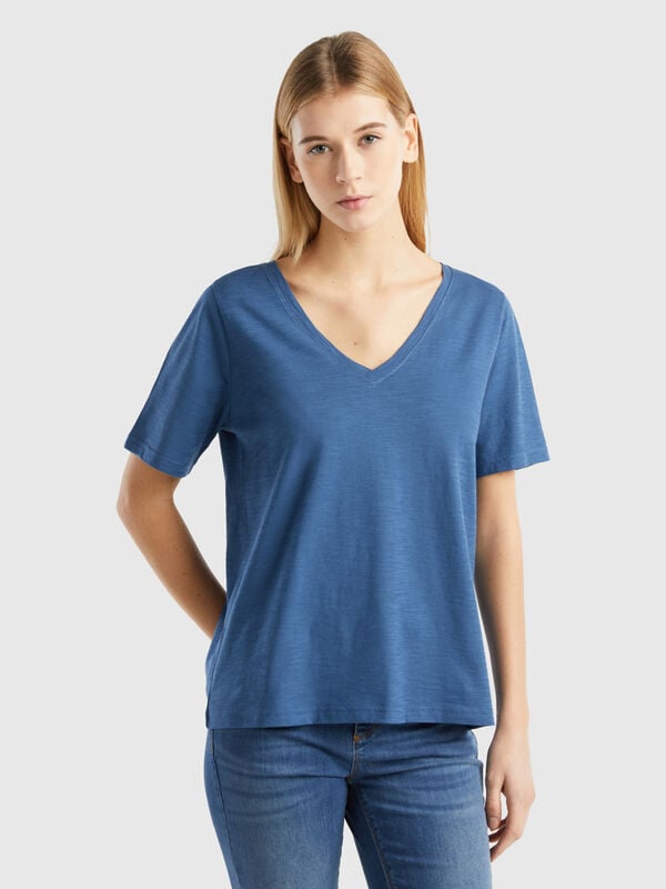 V-neck t-shirt in slub cotton Women