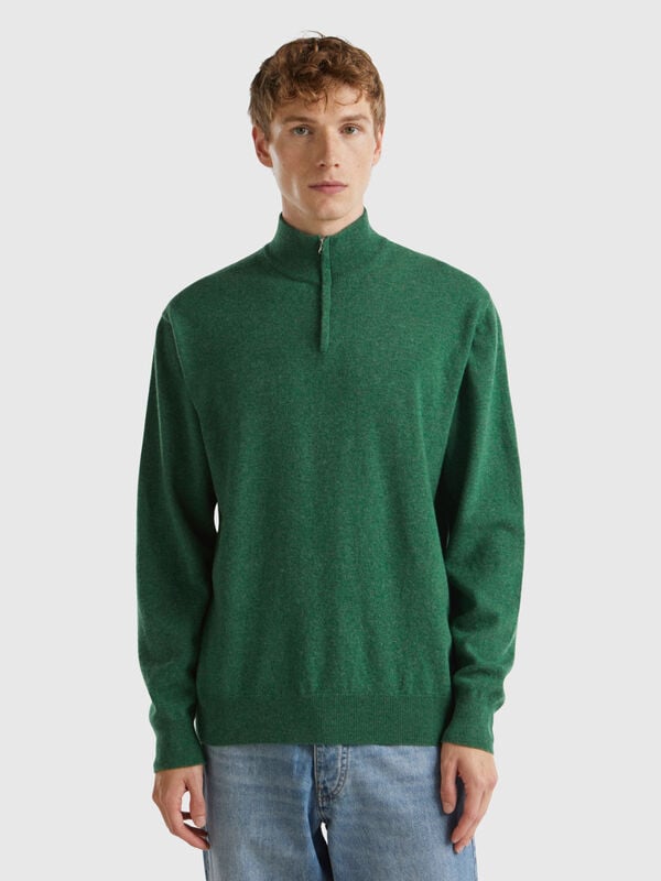 Grün-melierter Pullover mit Reißverschluss aus 100% Merinowolle Herren