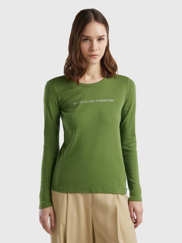 Langärmeliges T-Shirt aus 100% Baumwolle in Militärgrün Damen