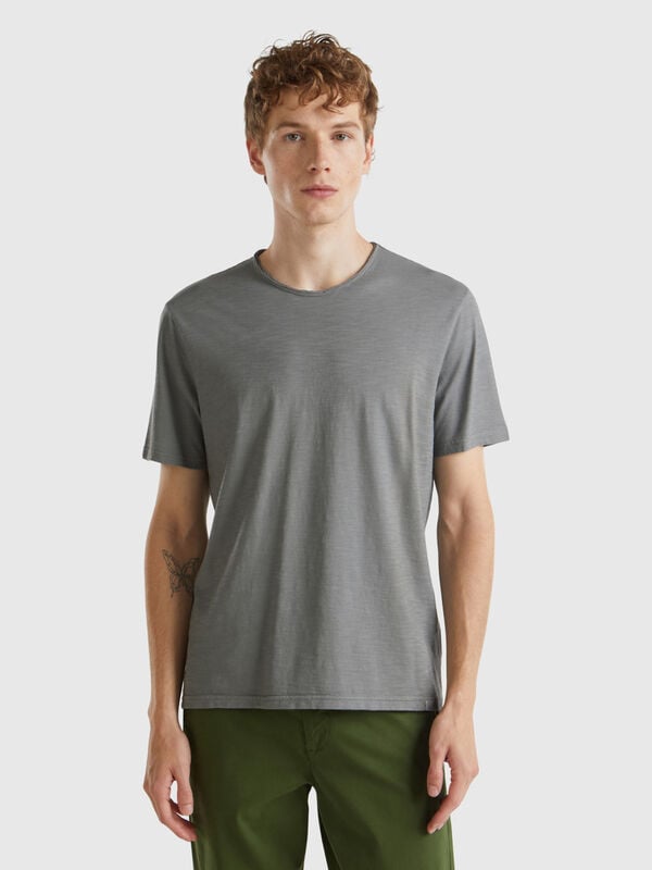 T-shirt grigio topo in cotone fiammato Uomo