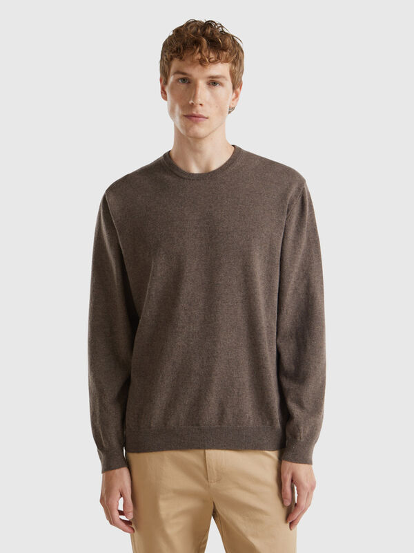Dark brown crew neck sweater in pure Merino wool Men