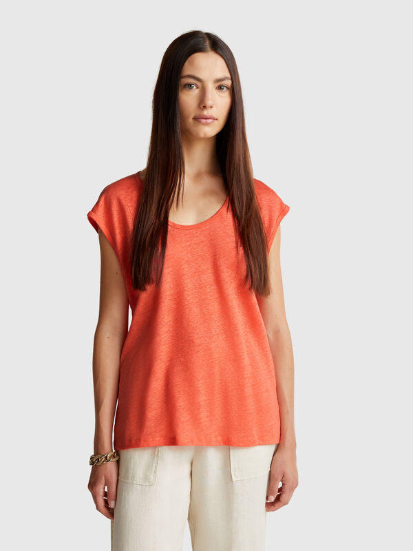 T-Shirt mit weitem Halsausschnitt aus reinem Leinen Damen