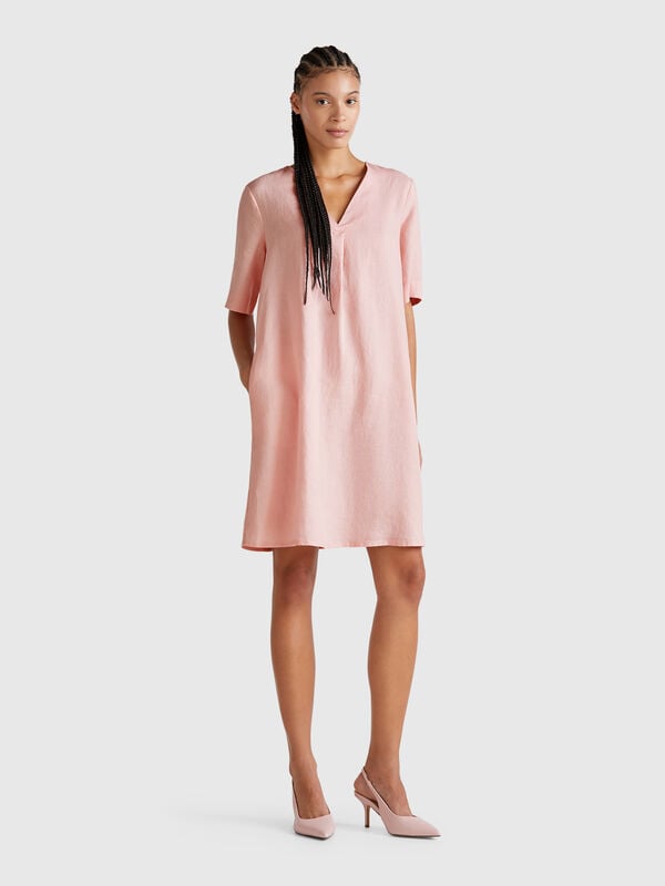 Short sleeve dress in pure linen Women