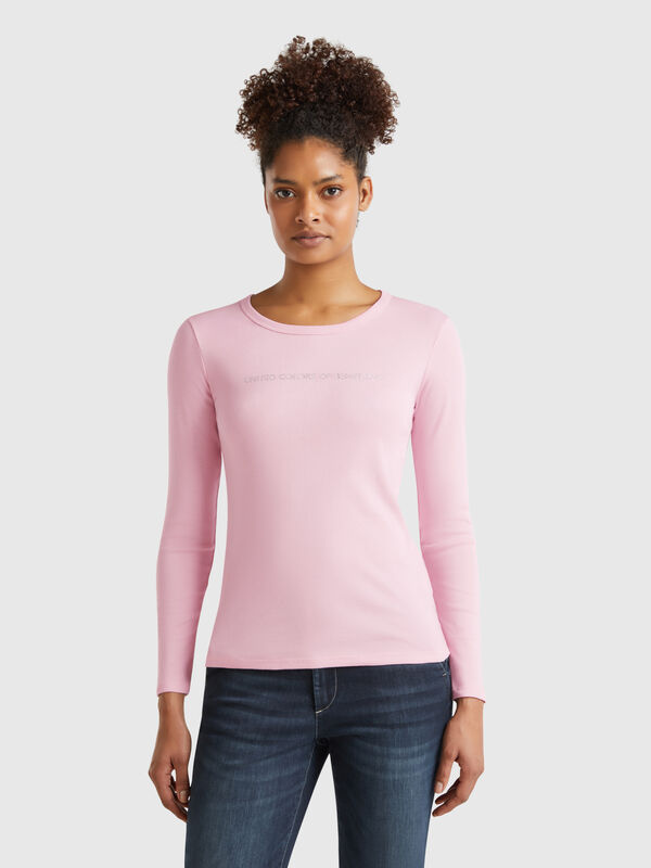 T-shirt rose à manches longues 100 % coton Femme
