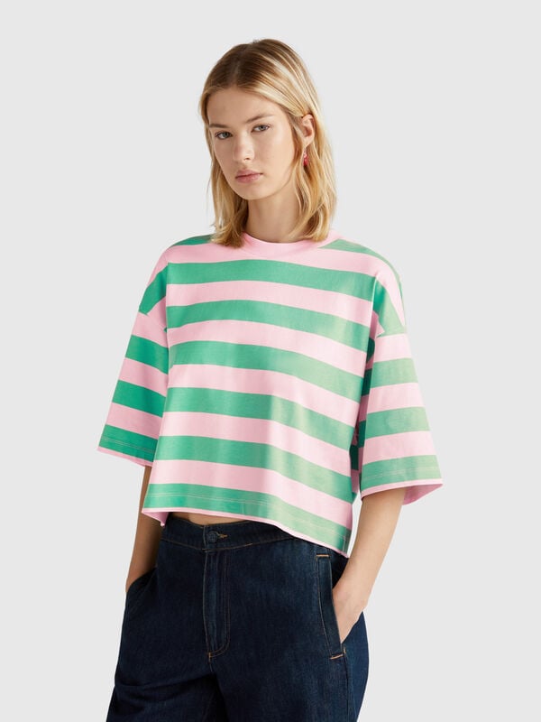 T-shirt a righe verdi e rosa Donna