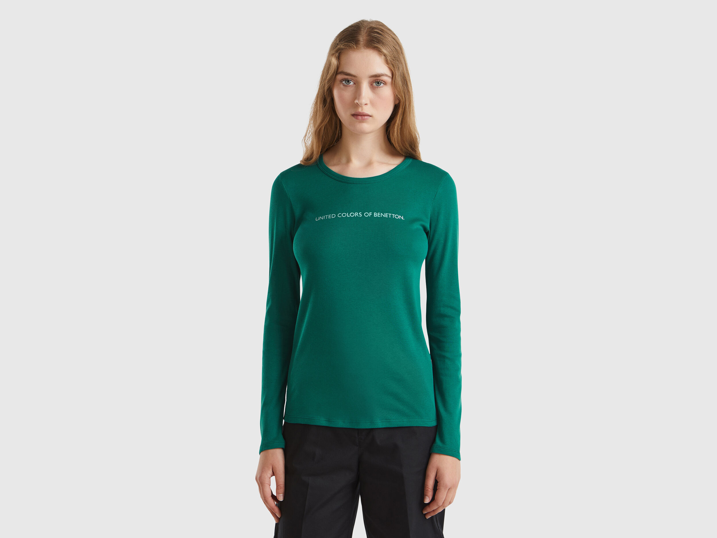 T shirt verde bosco a manica lunga 100 cotone Verde Scuro Benetton