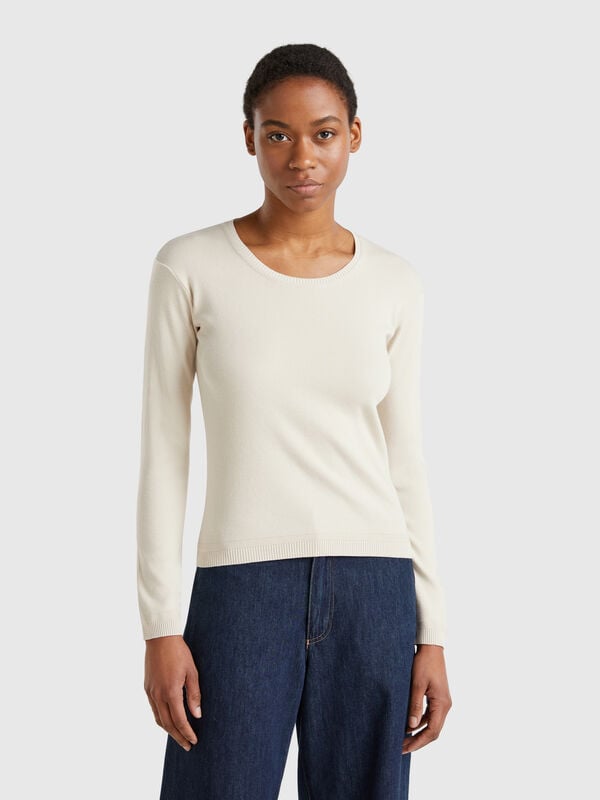 Pull beige à col rond en pur coton Femme