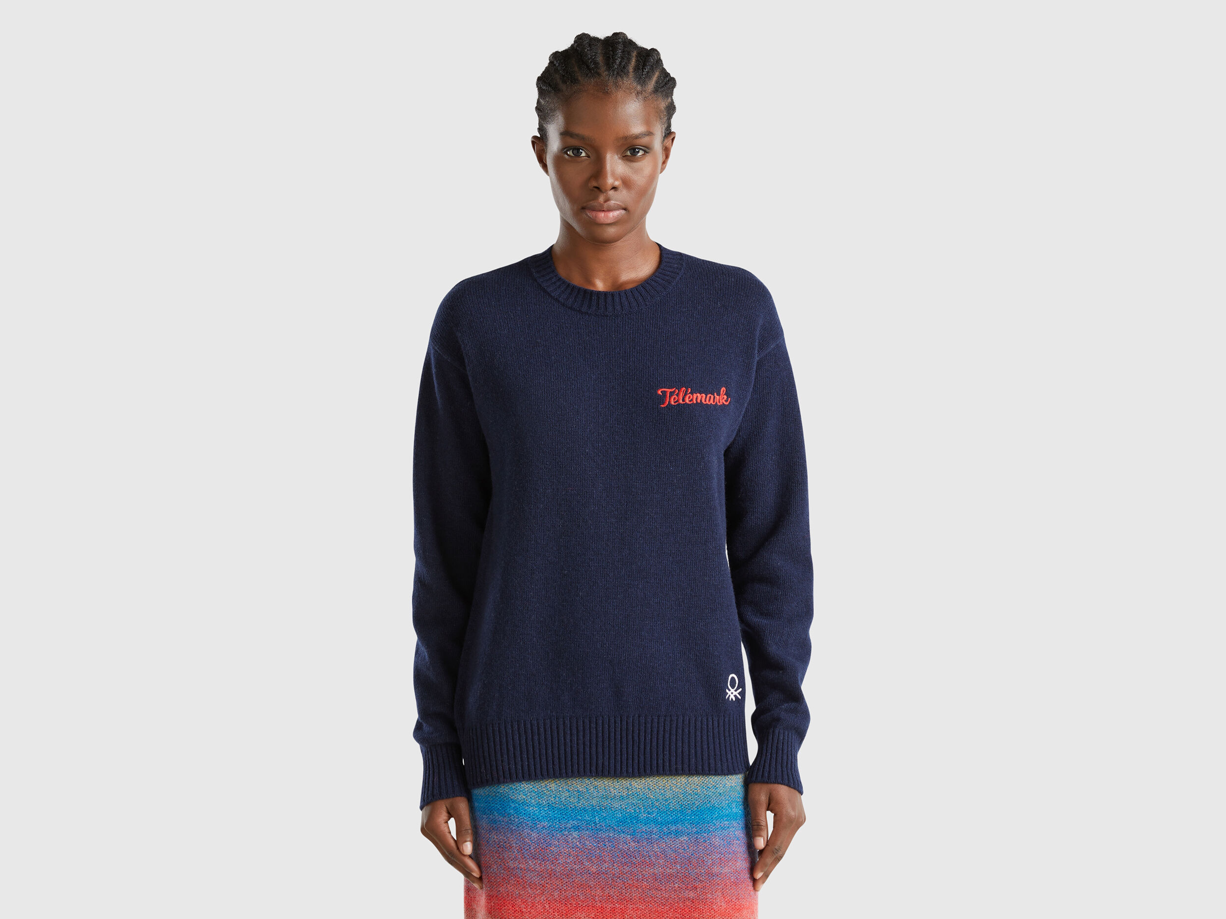 Maglia in misto lana con grafica sci Blu Scuro Benetton