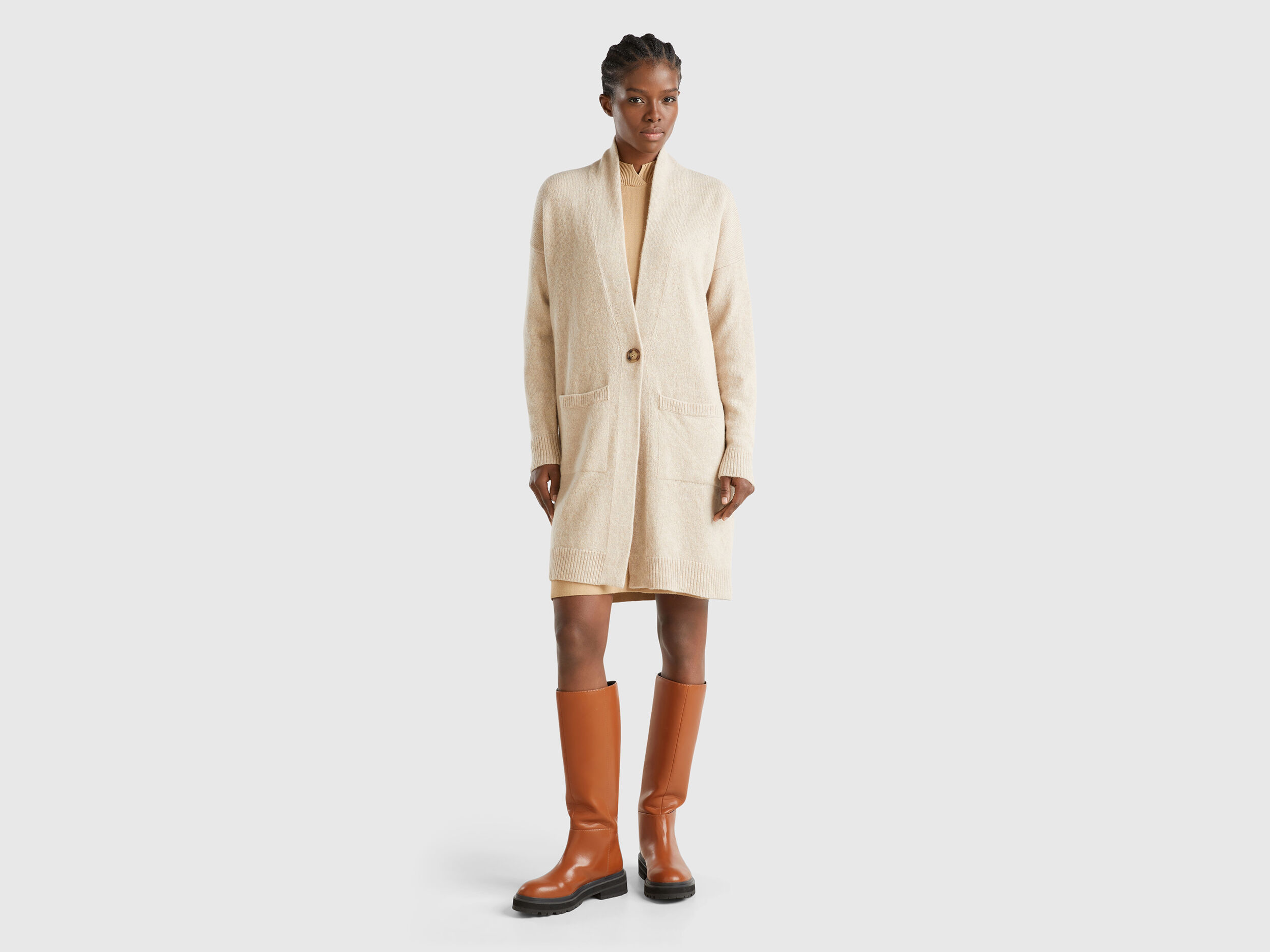 Long cardigan in pure Shetland wool - Beige | Benetton
