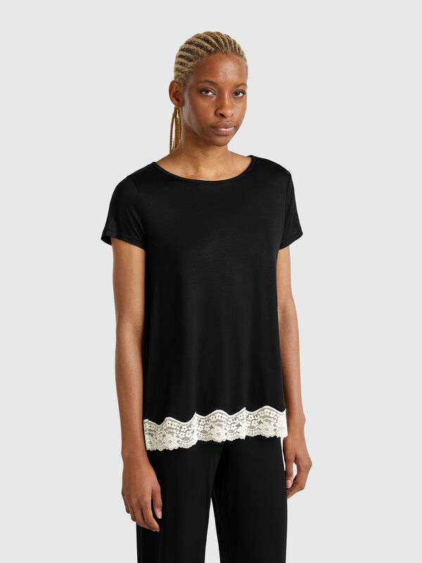 Chemise à manches courtes avec détail en dentelle Femme