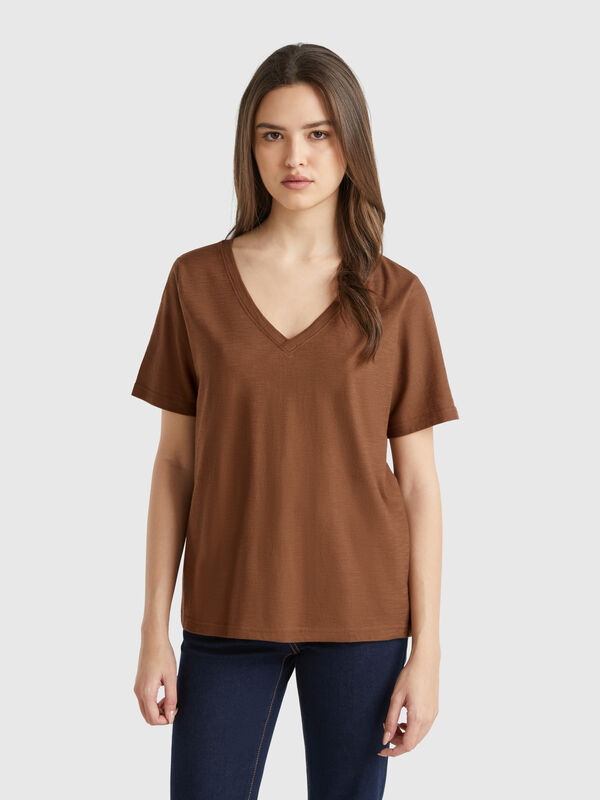 V-neck t-shirt in slub cotton Women