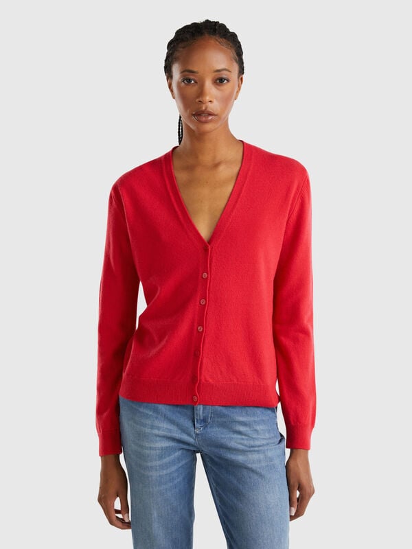 Cardigan scollo a V rosso prugna in pura lana Merino Donna