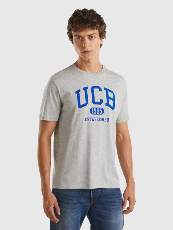 T-shirt gris chiné en coton bio à logo bleu Homme