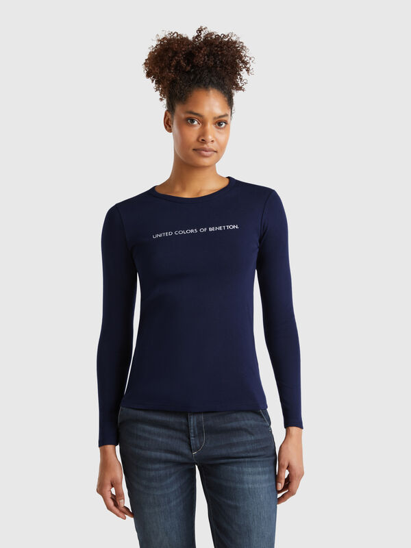 T-shirt bleu foncé  à manches longues 100 % coton Femme
