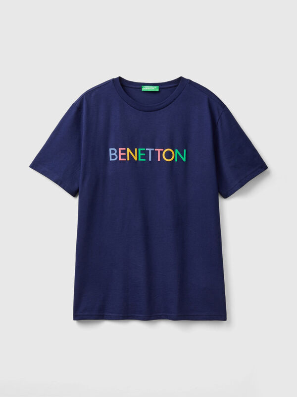 T-shirt bleu foncé en coton bio à logo multicolore Homme