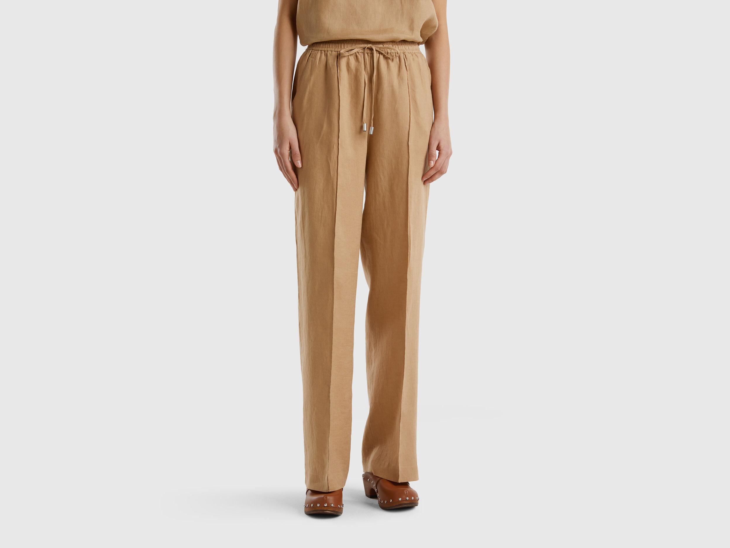 Trousers in pure linen with elastic Camel Benetton